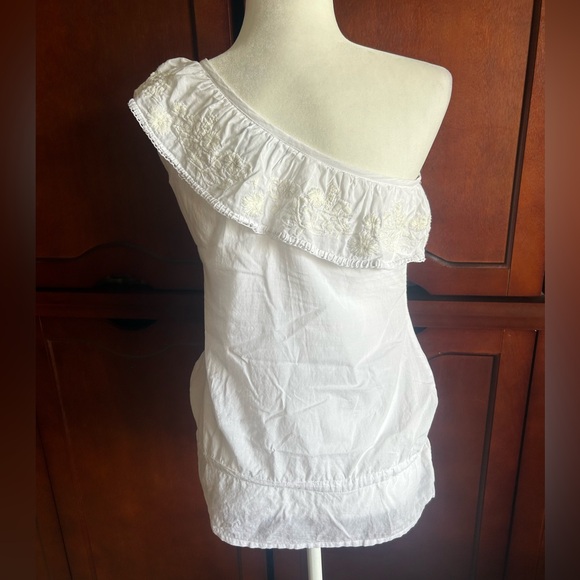 White One Shoulder Embroidered Drawstring Waist Top - Picture 5 of 6